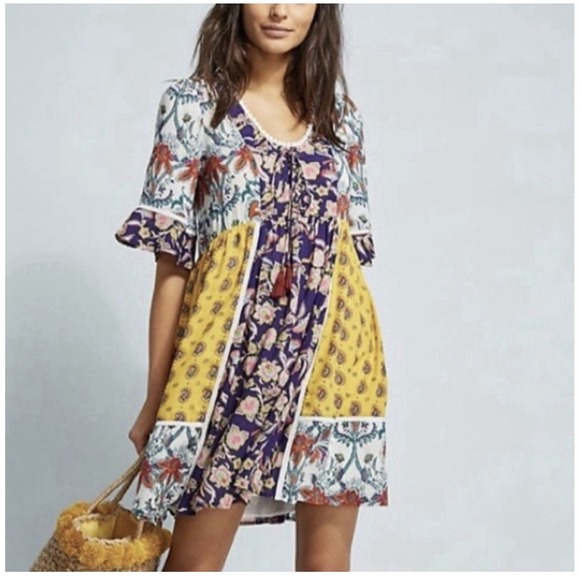 Anthropologie Dresses & Skirts - Anthropologie Lilka Yellow & Purple Patchwork Trapeze Beach Dress Size Xs